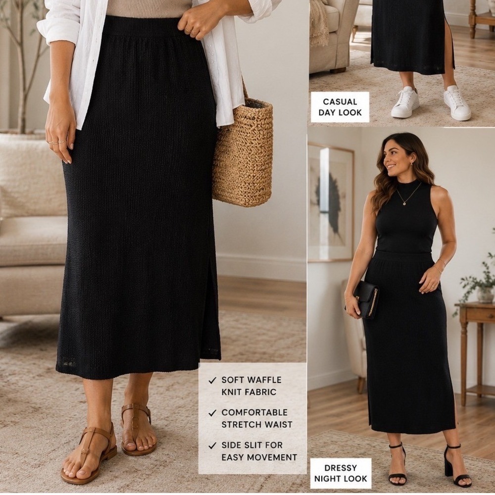Lou & Grey Waffle Knit Maxi Skirt Women Size M Black NWT Side Slit Stretch Waist